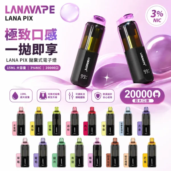 ChatGPT_Image_2026_7_14_13_19_53 LANA PIX 閃光彈 20000口拋棄式電子煙|折疊吸嘴設計・網芯爆汁體驗・超長續航享受